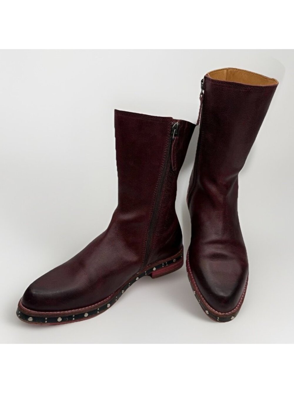 John Fluevog Nicola Modvogs Womens 7 Burgundy Leather Studded Mid Calf Boots